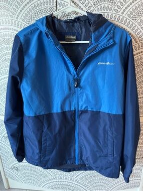 Eddie Bauer Two-Tone Blue Hooded Raincoat EUC